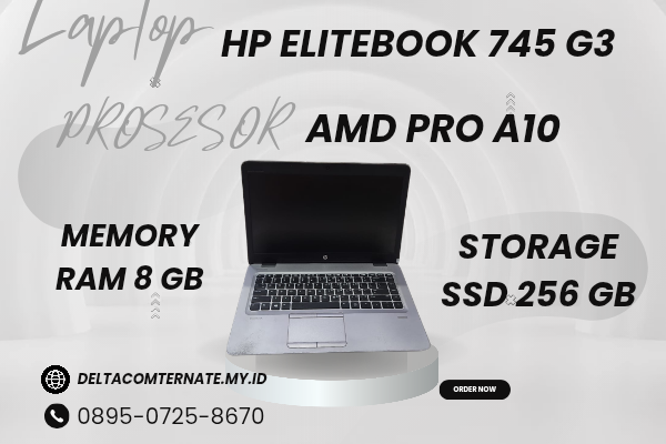 HP ELITEBOOK 745 G3 , TYPE BARU BODY SLIM, PROSESOR AMD PRO A10 MEMORY RAM 8 GB STORAGE SSD 256 GB DISPLAY 14 INCH MULUS , WARNAH SILVER, LECET SDIK